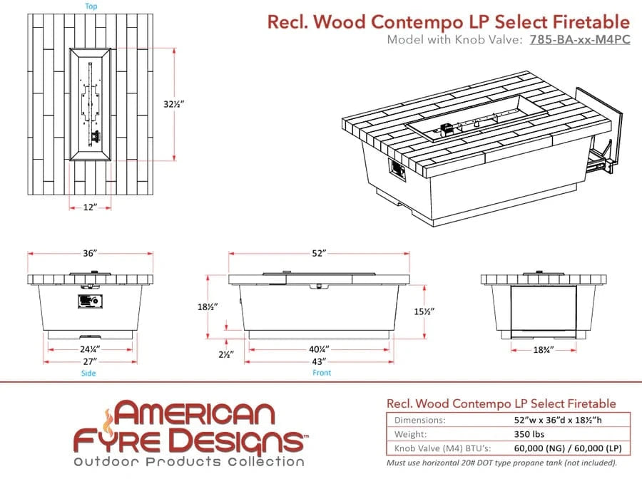 American Fyre Designs Fire Pit Tables American Fyre Designs - Contempo Smoke with Tank Drawer - Liquid Propane - 52"
