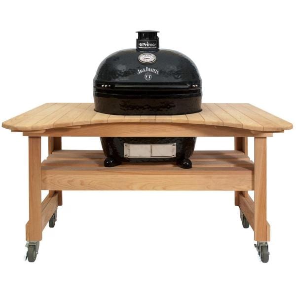 Primo Grills Charcoal Grill Primo Grills - Jack Daniels Edition Oval XL 400 Ceramic Kamado Grill On Curved Cypress Table With Stainless Steel Grates