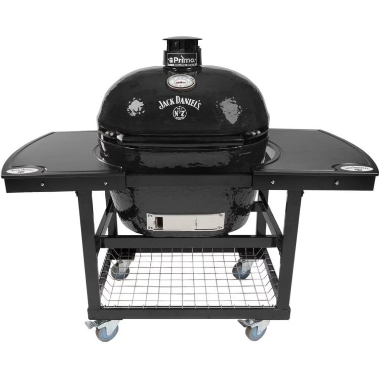 Primo Grills Charcoal Grill Primo Grills - Jack Daniels Edition Oval XL 400 Ceramic Kamado Grill On Steel Cart With 2-Piece Island Side Shelves And Stainless Steel Grates